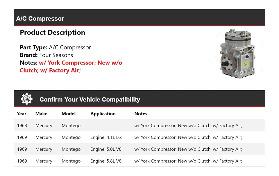 Compressor AC Mercury Montego 4 estações 1968-1969 - Imagem 2 de 4