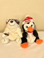 Vintage Lot Of 2 Coca Cola Bean Bag Plush Penguin and Polar Bear 1997-1998