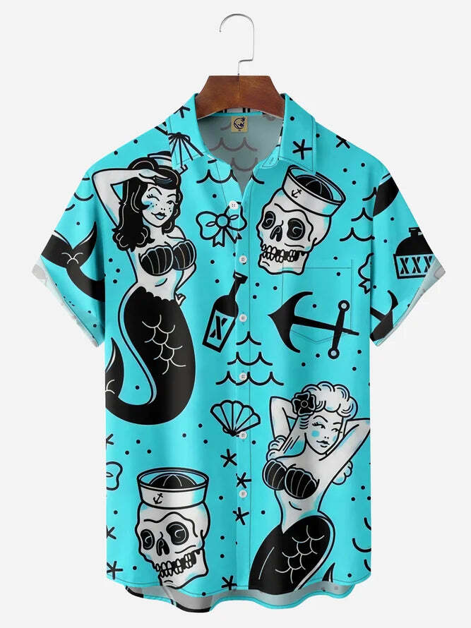 Mermaid Chest Pocket Short Sleeve Hawaiian Shirt