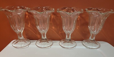 Lot of 4 Vintage Ice Cream Sundae Glasses Tulip Style Clear Footed 6''