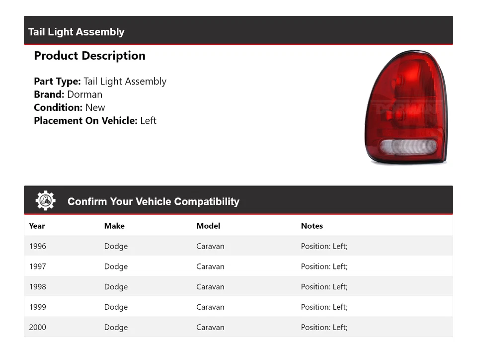 Левый задний фонарь в сборе для Dodge Caravan Dorman 1996-2000 годов выпуска 1997 1998 1999 годов выпуска - Изображение 2 из 4
