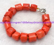 Natural 10-12mm Orange South Sea Coral Barrel Gemstone Beads Bracelets 7.5 Inch