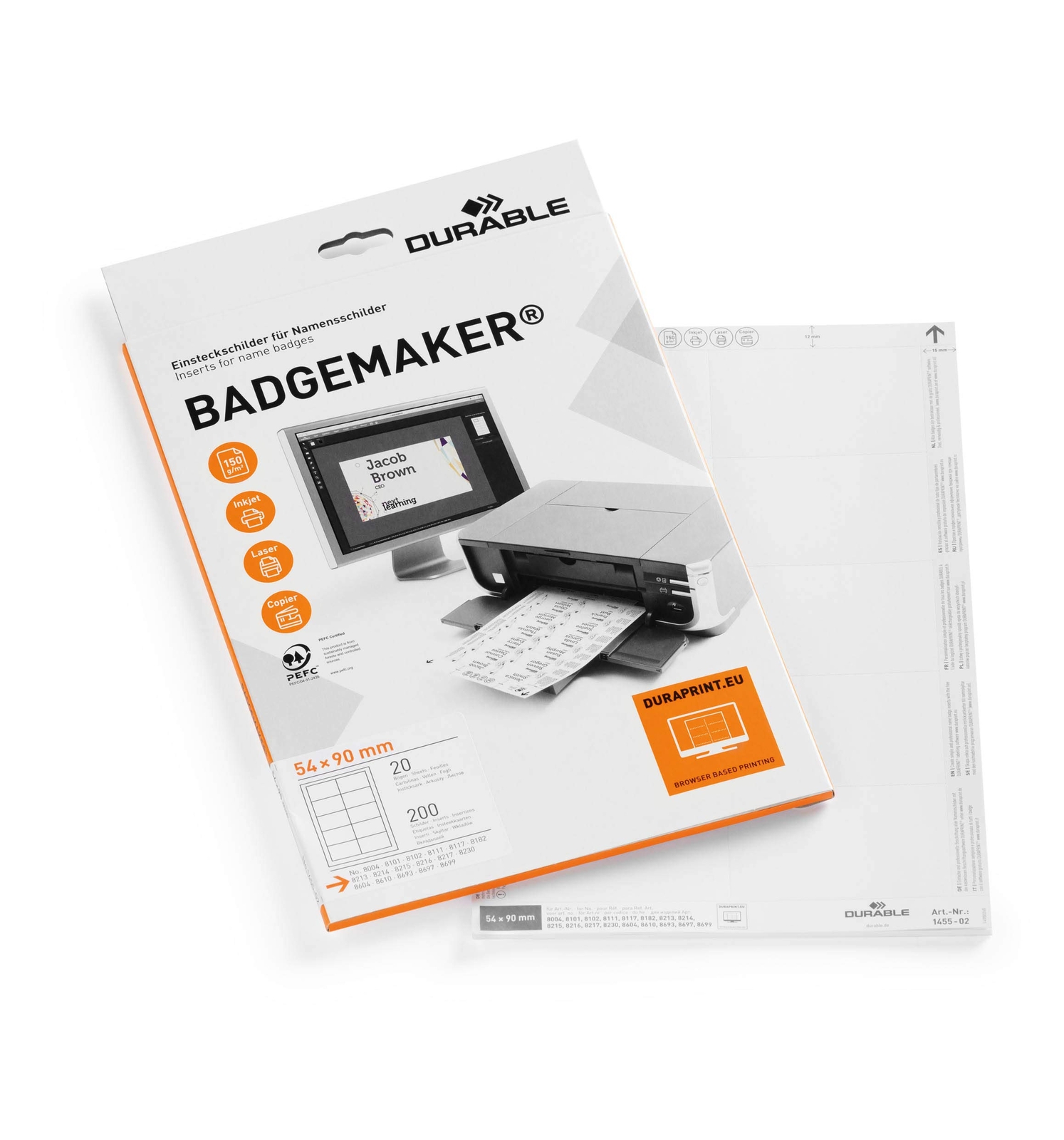 Durable BADGEMAKER Inserts 54 x 90 mm   Pack of 200 Inserts   Printable Name Bad