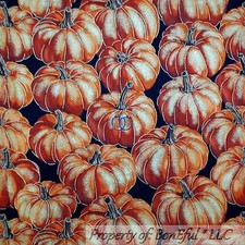 BonEful Fabric FQ Cotton Quilt VTG Orange Red Gold Metallic Pumpkin Thanksgiving