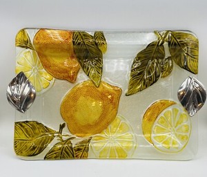 Paula Scaletta Fused Glass Fruit Tray With Metal Leaf Handles Vintage