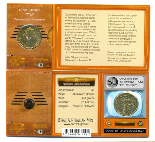 2006 Uncirculated $1 Coin: "50 Years of Australian Television" "TV" Mintmark.