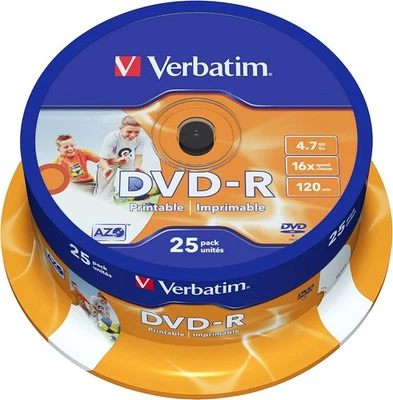 GEBRANDMARKT Verbatim DVD-R Wide Inkjet Printable 4.7GB 25er Pack Spindel DVD Rohlinge
