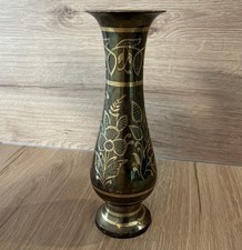 Vintage Messing Vase 24,5 cm Bl&auml;tter graviert dunkle Patina Boho 385 g