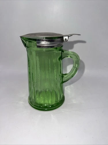Vaseline Glass Syrup Dispenser Pitcher Vintage, Green, 4 1/4" Tall