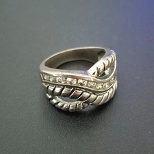 Silver Tone Crossover Ring Size 9 Pave Crystal Multi Band Statement