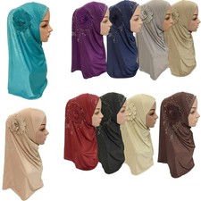 New Rhinestone Flower Women Hijabs Cap Shawl Solid Color Head Wraps Long Scarf