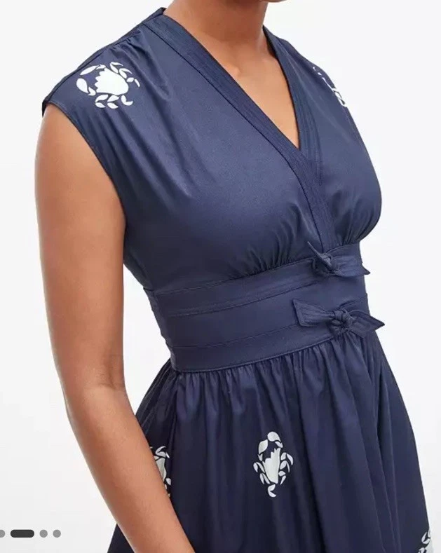 Vestido midi Kate Spade con lazo de popelina azul marino estampado de cangrejo talla 4 azul marino bolsillos con cuello en V Foto 2 de 4