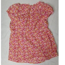 Floral Print Summer Top Pink Yellow Ruffle Neck Short Sleeve Blouse