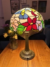 Tiffany Style 14” Tall Lamp Domed Stained Glass Hummingbird Floral Brand New