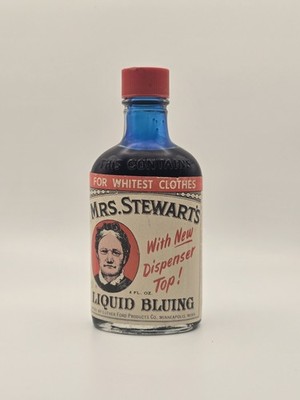 Antique 1900's Mrs. Stewart's Liquid Bluing Blue Bottle With Label And Cap