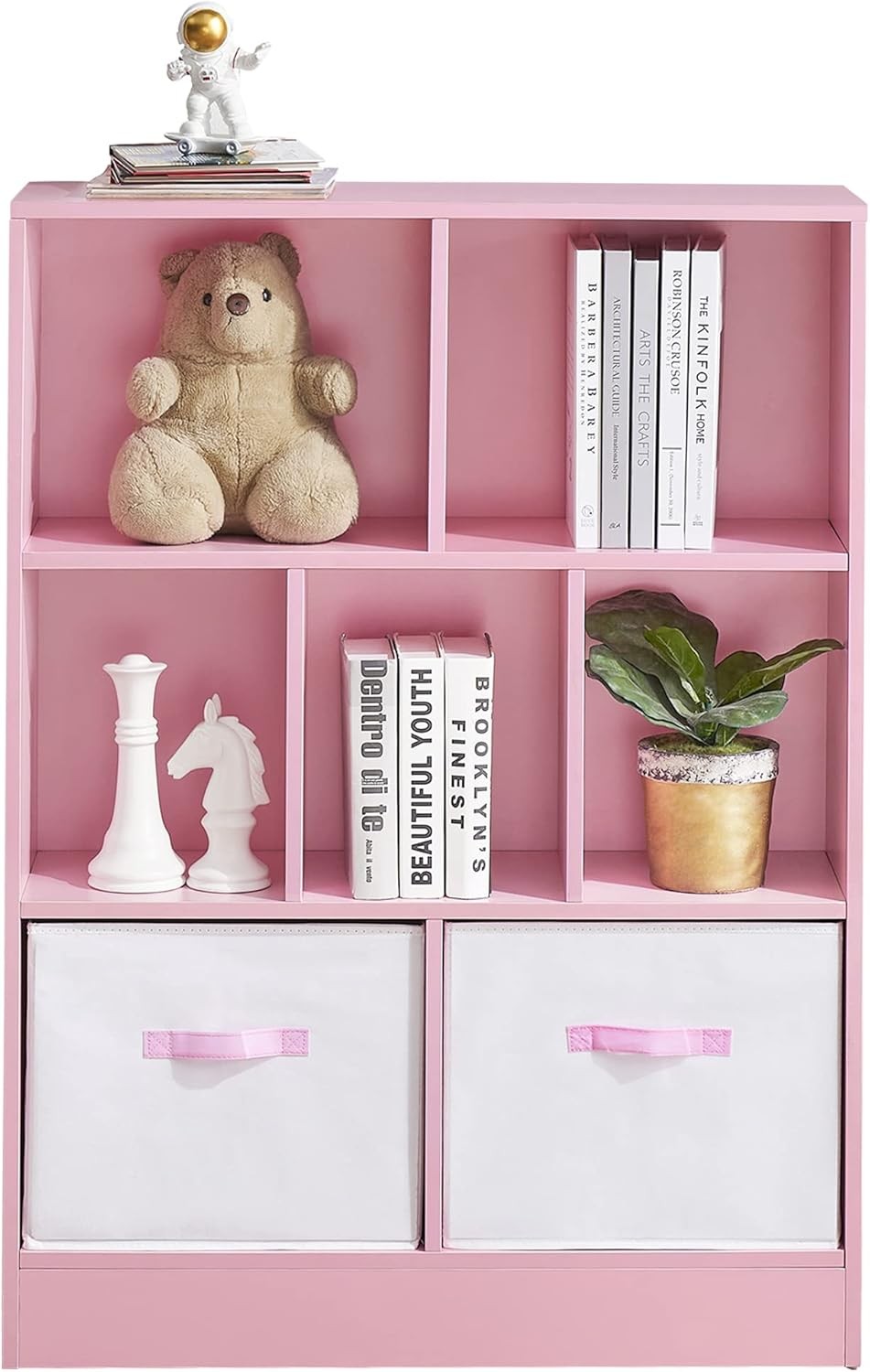 3-Tier Pink Kids Bookcase with 7 Cubes and Drawer Storage Organizer