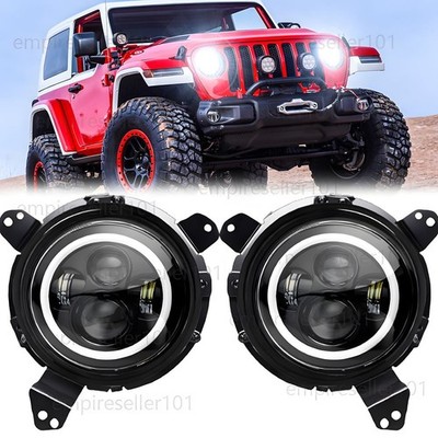 Round LED Headlights +9'' Black Bracket For Jeep Wrangler JL 2018-23 Gladiator JT