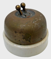 ANTIQUE EKTRIK TWINOB BRASS DOUBLE SWITCH PORCELAIN BASE LIGHT SWITCH