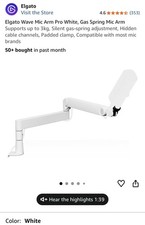 Elgato Wave Mic Arm Pro White Gas Spring Adjustable Desk Clamp Boom Arm