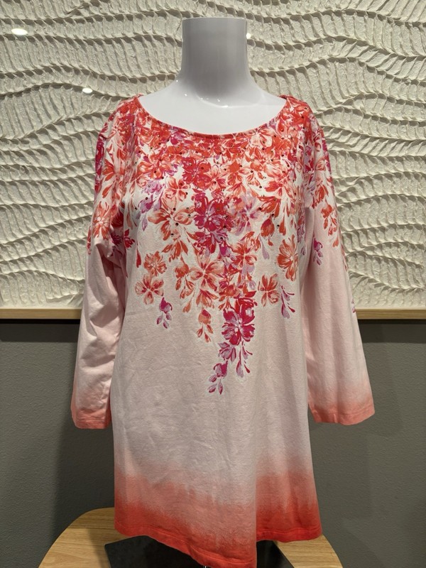 Quacker Factory Woman’s Sz L Embellished Floral 3/4 Sleeve Shirt