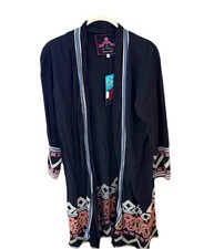 Johnny Was Large Cardigan Embroidered Open Jacket Black Coral Stretchy Long NWT