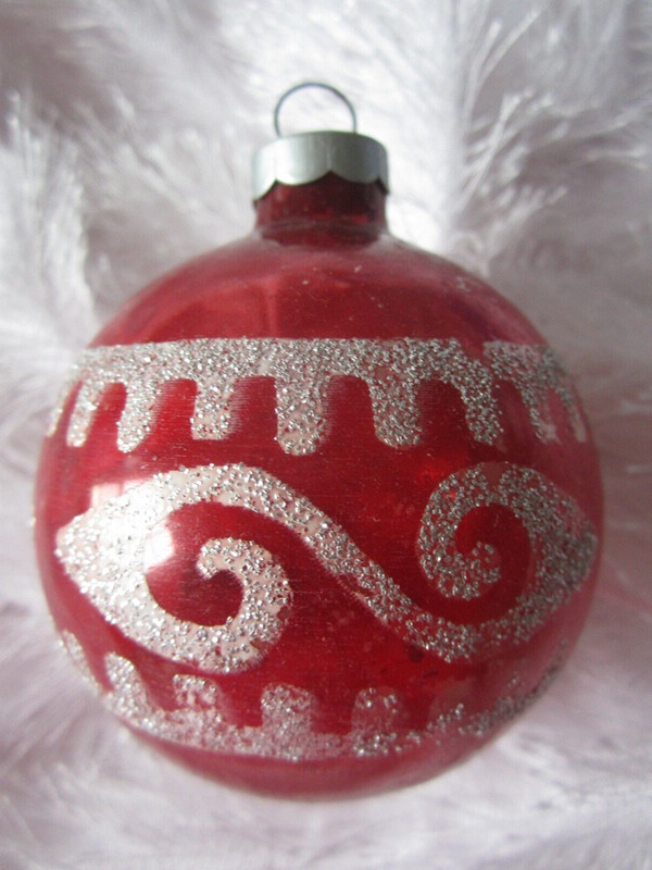 Vintage 2.5" MERCURY GLASS ROUND BALL Christmas ORNAMENT RED Mica Stenciled