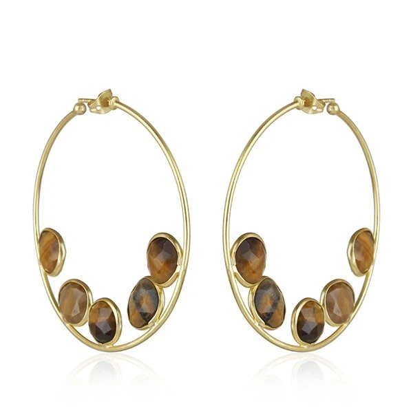 Hoop Multi Stone Tiger Eye 18K Gold Plated Earrings For Women Wedding Gifts - Image 2 of 4