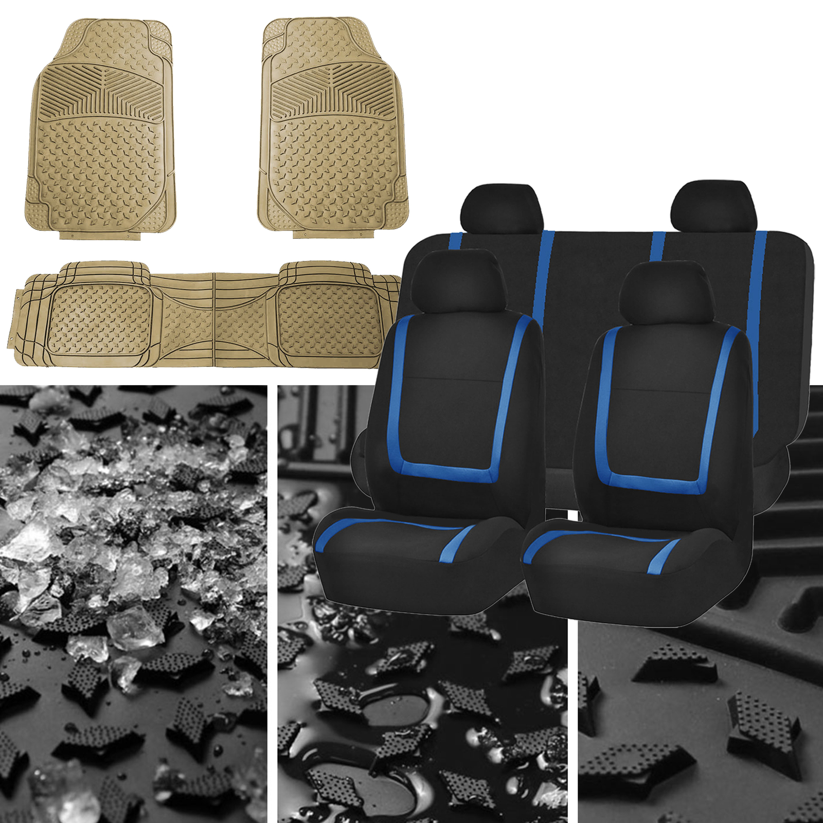 Car Seat Covers Blue Black Full Set for Auto w/Heavy Duty Floor Mats 4 Head Rest