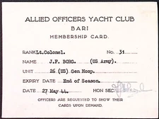 1944 Allied Officers Yacht Club BARI ITALY Membership Card US Army General