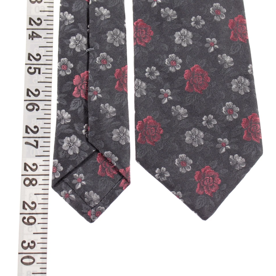 Gravata Kiton nova sem etiquetas 100% seda sete dobras cinza com flores rosadas vermelhas/brancas - Imagem 4 de 4