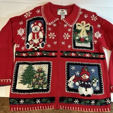 Tiara International Women's Christmas Cardigan Full Zip Size M Red Vintage
