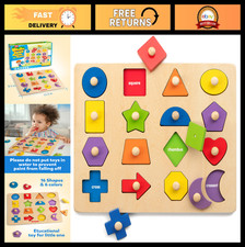 Wooden Shape Peg Puzzle Toy - Montessori Fine Motor Skills Color Matching Board