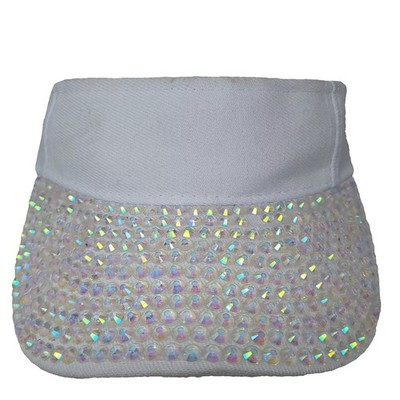 White Visor Hat Silver Rhinestone Embellished Brim Strapback OS Adjustable Gems