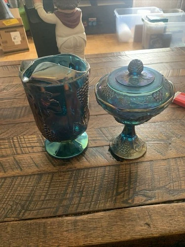 9" Vintage Indiana Glass Harvest Grape Iridescent  Blue Carnival Glass