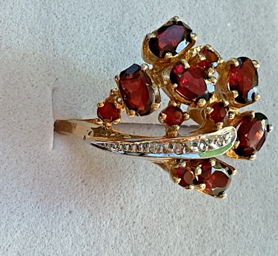 14K Yellow Gold Ruby & Diamond Cluster Cocktail Ring • Size 7 • 4.97g - Image 3 of 4