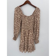 Promesa Womens Boho Brown Floral Smocked Mini Dress Long Sleeve Size Small