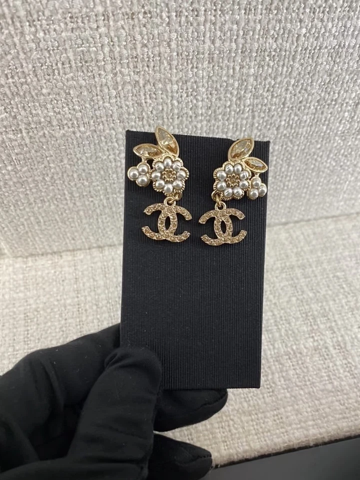 CHANEL Gold Crystal & White Pearl Flower Dangle Earrings - Image 3 of 4