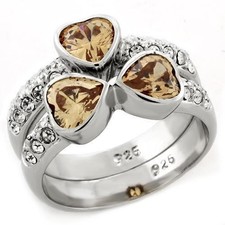 Women's Triple Heart Ring Set, CZ, Rhodium Plated, Sterling Silver, 2 Pcs