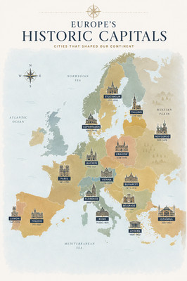 Europas historische Hauptstädte Karte Bildungsgeographie Poster Druck gerahmte Leinwand