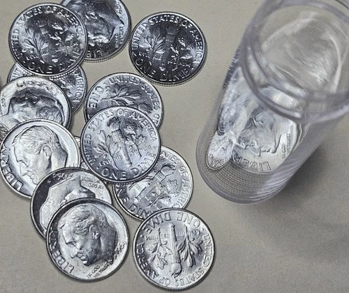 1964 Roll 50 90% Silver Uncirculated Roosevelt Dimes, $5 Face, Silver Coin Lot