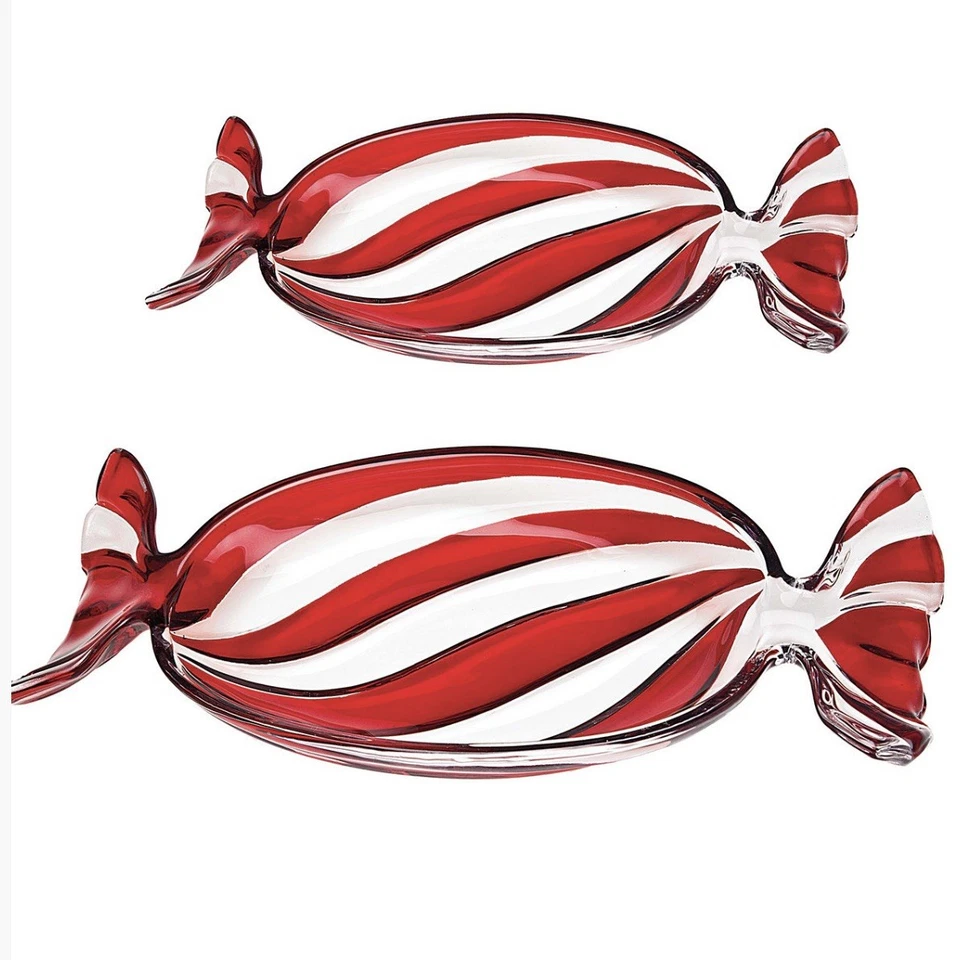 Godinger Crystal Peppermint Tray Set Red Clear Candy Holiday Christmas Decor - Image 2 of 4