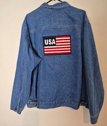 Three Rivers Men's XL Blue Denim Jean Jacket USA Flag Patch Button Pockets - product listing photo