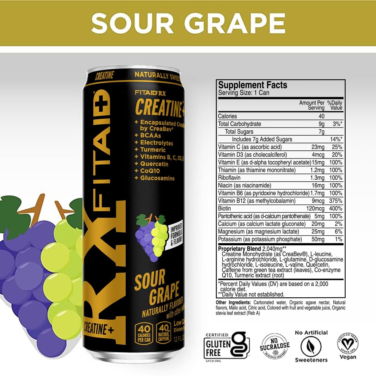 FITAID RX Sour Grape Energy Drink Pack of 12 with Creatine BCAAs Vitamins 12 ...