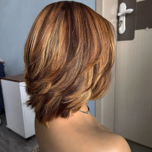 Women Ombre Honey Blond Highlight Short Straight Bob Human Hair Wigs With Bangs - Picture 5 of 9