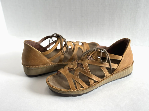 Naot Yarrow Women's Brown Leather Lace-Up Wedge Strappy Comfy Sandals Size US 8