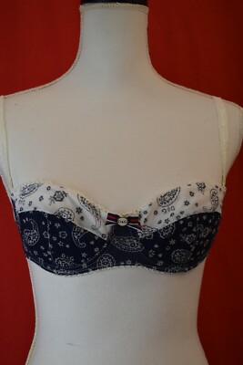 NWT DOLCE & GABBANA M51420 NAVY BLUE WHITE PAISLEY BOW LOGO SEMI PAD BRA US 34B