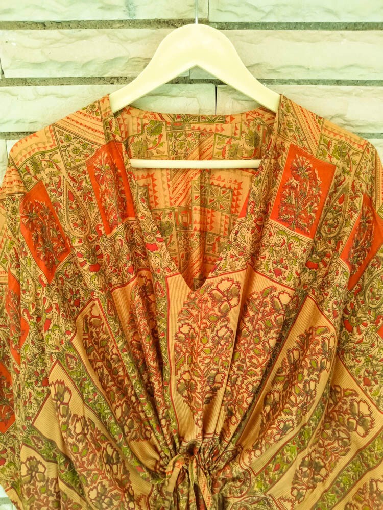 Pura Seda Vestido Túnica Caftán Midi Mujer Pareo Estampado Dorado KFNM1241