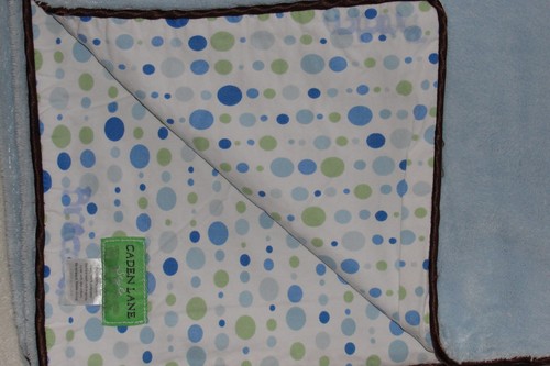 Caden Lane Luxe Blue Baby Blanket Green Dots Brown Piped Velour Cotton - Picture 2 of 5