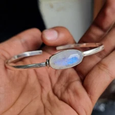 Natural Moonstone 925 Silver Adjustable Handmade Cuff Bangle Bracelets P#163