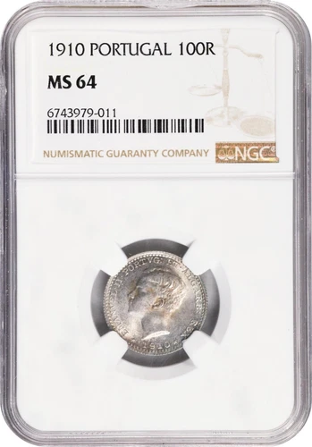 PORTUGAL KINGDOM  1910  100 REIS SILVER COIN, UNCIRCULATED NGC CERTIFIED MS64